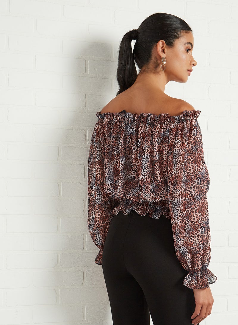 Printed Off-Shoulder Top Brown