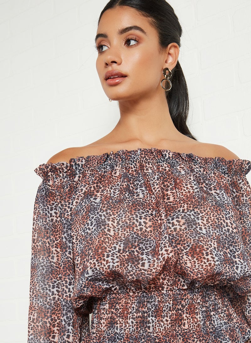 Printed Off-Shoulder Top Brown