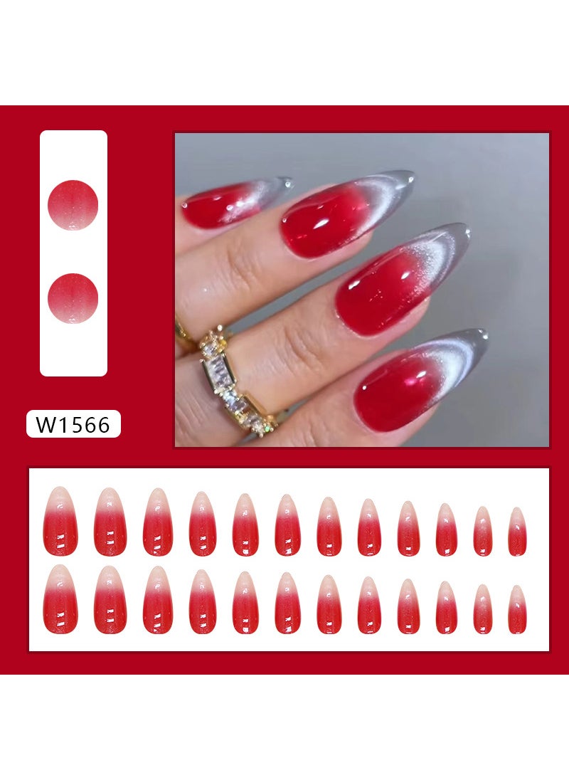 Foreign Trade French Cats Eye Wearing Manicure Piece Red Nail Piece Gradient Nail Piece Gradient Nail Piece Gradient Almond Piece 24 Pieces W1566 red cat's eye [glue]]