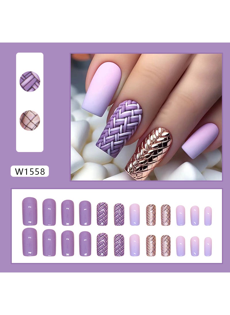 Foreign Trade Wear Nail Pieces European and American Square Purple False Nail Patch Cross-border Gradient Nail Pieces 24 Pieces W1558 gold purple lattice 