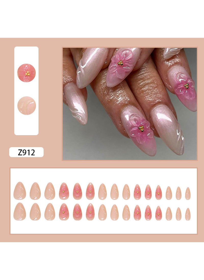 Spring and Summer Nail Patch Removable Nail 3D Peach Blossom Wear Armor Solid Color Blush Manicure Pieces Drill Z912 blush peach blossom [glue type]