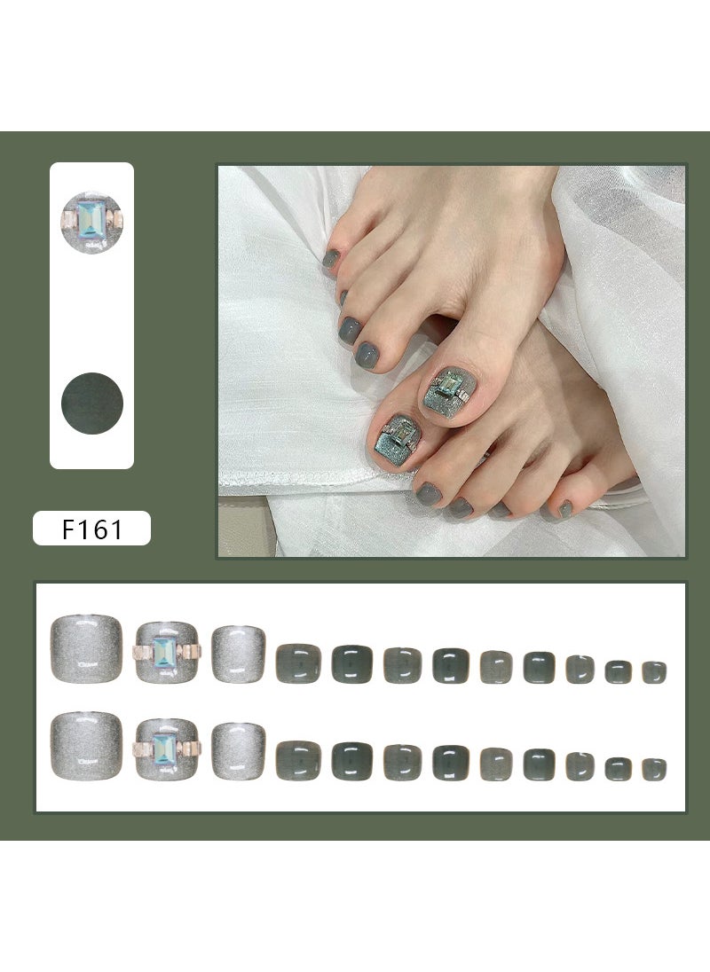 Fine flashing cats eye nail piece to wear nail detachable toenail piece not dark green toenail piece nail patch 24 pieces F161 dark green cat eye [glue type]