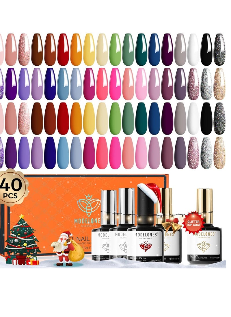 modelones 40 PCS Gel Nail Polish Set, 36 Colors Fall Winter White Nude Brown Black Gel Polish Kit Red Green Glitter Nail Gel Polish W Base& Matte Glossy Top Coat& LED Nail Art Gel DIY Gift