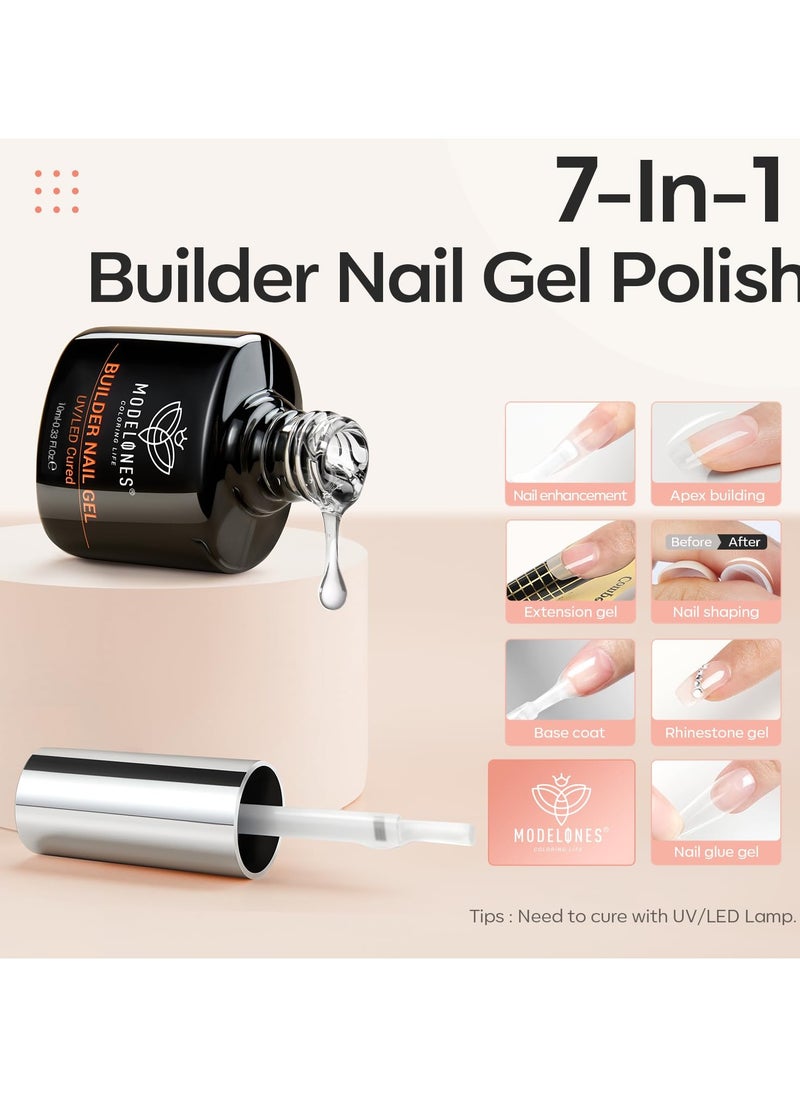 modelones Builder Nail Gel, 2 Pcs Clear Gel Builder Nail Polish for Nail Thickening, Nail Strengthener Apex Building Extension Gel in a Bottle, 7-In-One LED Builder Nail Gel Polish 10 ml