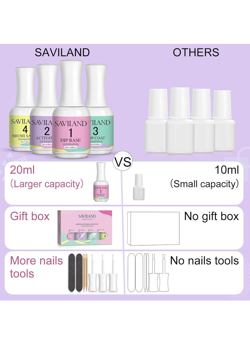 SAVILAND Dip Powder Liquid Set: 20 ml Ultimate Nail Dip System Essentials Liquid Large Capacity Dip Powder Base Activator Top Coat Saver Dip Powder Nail Kit No Need Curing for Nail Dip User