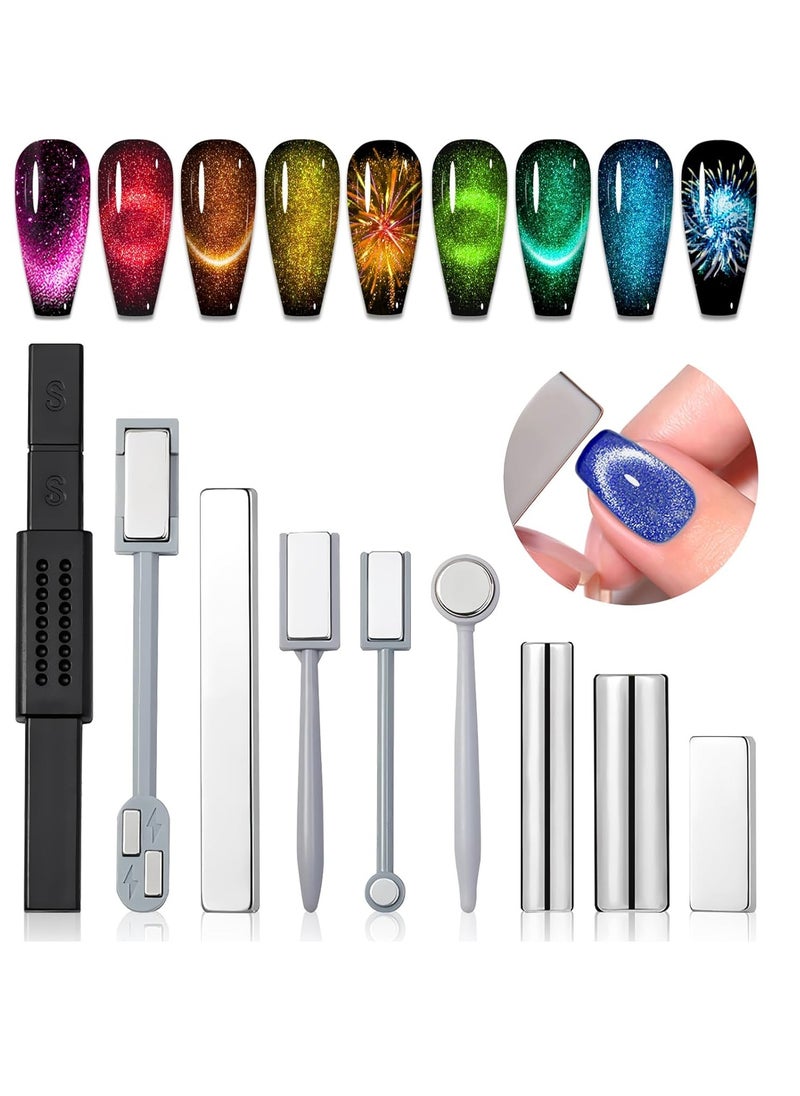 Saviland Cat Eye Magnetic for Nail: 9PCS Cat Eye Gel Nail Polish Magnet Tools Set Strong Suction Nail Magnet Nails Square Round Magnet Stick Diverse Cat Eye Effect Double Ended Nail Salon Art Tools