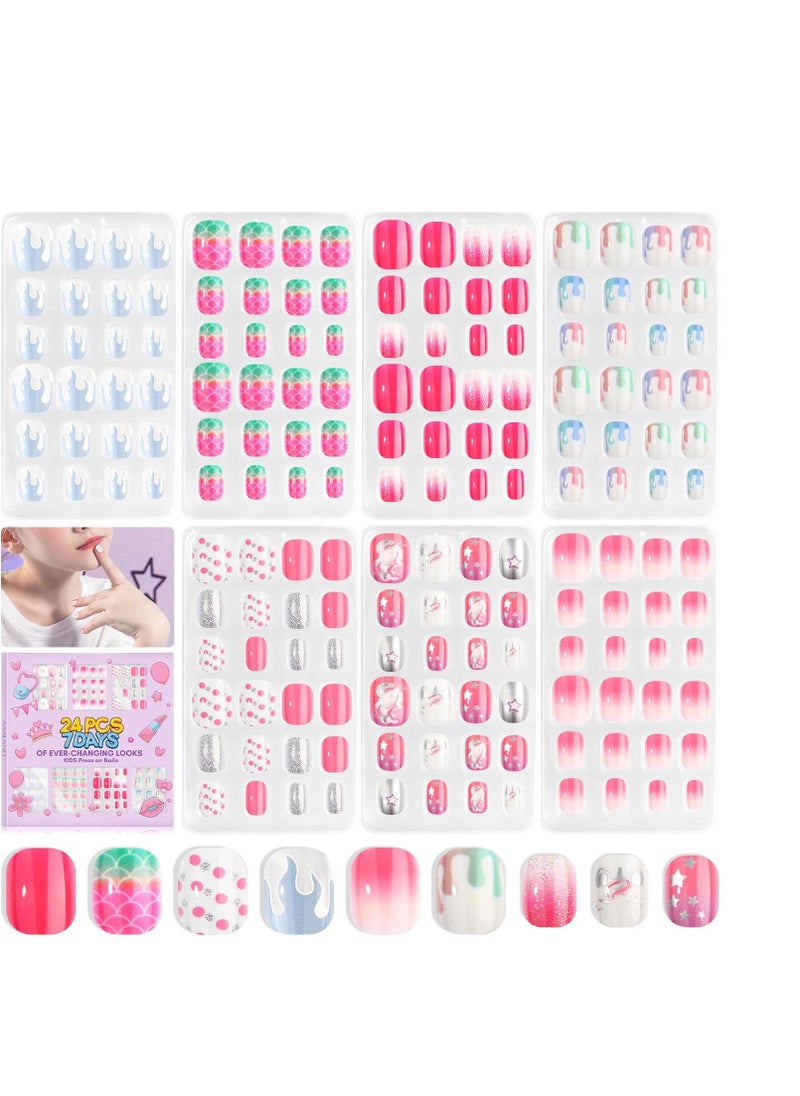 SAVILAND 168Pcs 7 Pack Press on Nails for Kids Children Fake Nails Stick on Nails Pre-glue Full Cover Glitter Gradient Color Star Short Acrylic Nail Tips Nail Art Gifts for 8-12 Year Old Kids Girls