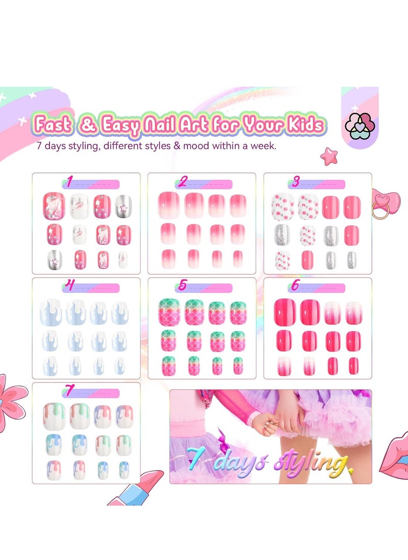 SAVILAND 168Pcs 7 Pack Press on Nails for Kids Children Fake Nails Stick on Nails Pre-glue Full Cover Glitter Gradient Color Star Short Acrylic Nail Tips Nail Art Gifts for 8-12 Year Old Kids Girls