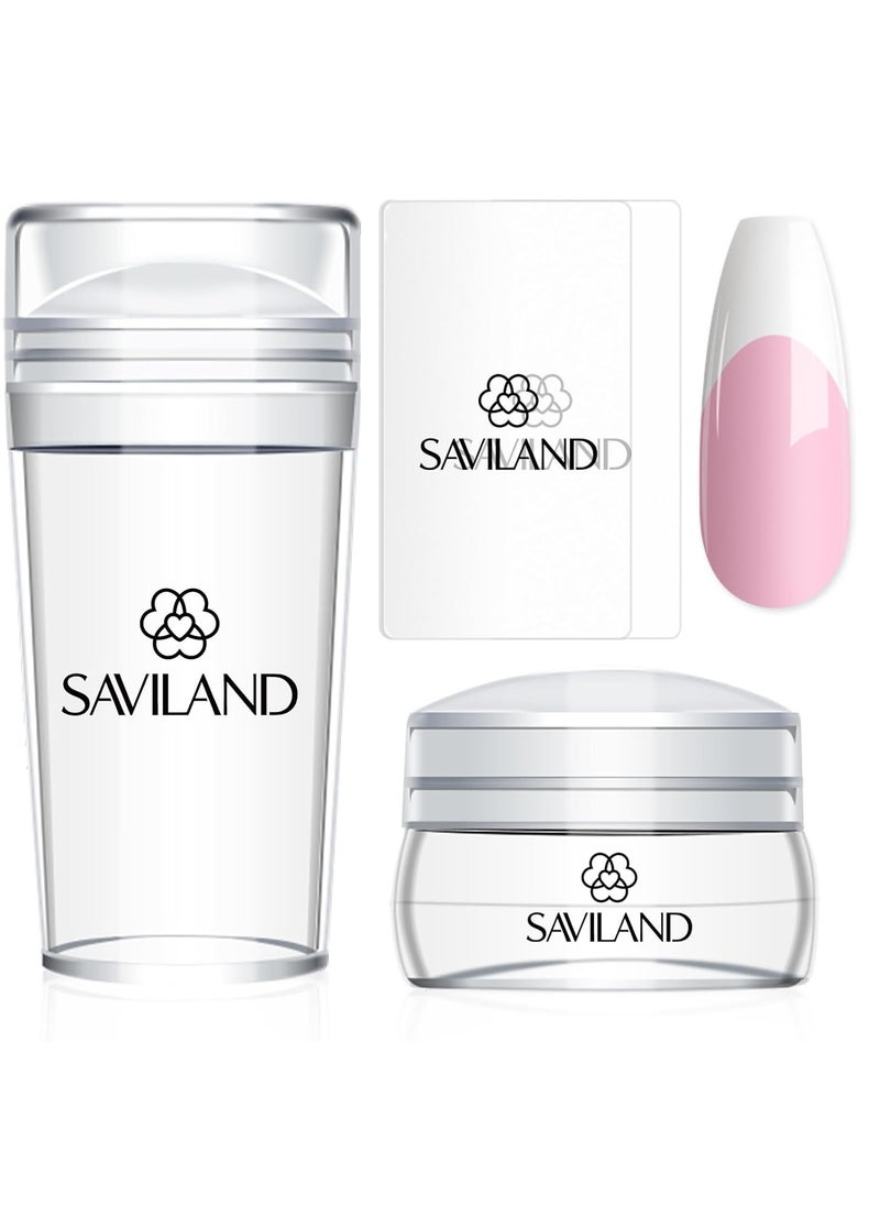 Saviland French Tip Nail Stamp - 4PCS Nail Art Stamper Kit Clear Silicone Nail Stamping Long & Short Jelly Stamper for Nails with Scrapers Nail Stamper Kit for French Manicure Home DIY Nail Art Salon