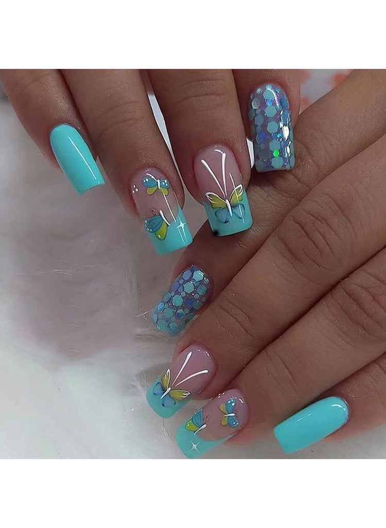 Refreshing Blue Green Butterfly Press-on Nails Glacier butterfly