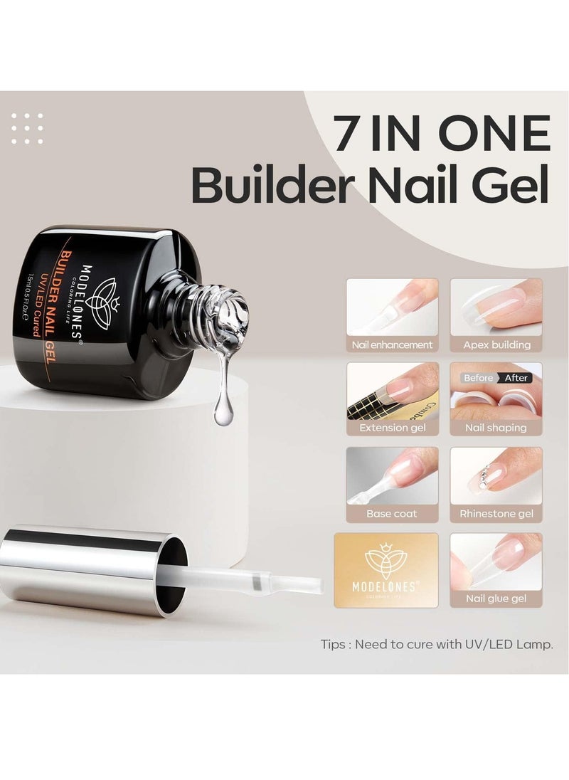 modelones Builder Nail Gel, 7-in-One Clear Gel Builder for Nail Thickening, LED Nail Lamp Cured Hard Gel Nail Strengthener Extension Gel Base Rhinestone Nail Glue Gel in a Bottle