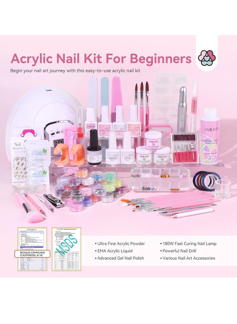 Saviland Acrylic Nail Kit for Beginners: Keratin Acrylic Powder Castor Oil Vitamin E Gel Nail Polish Primer 180W Nail Lamp Nail Drill Full Tools Everything Home Starters