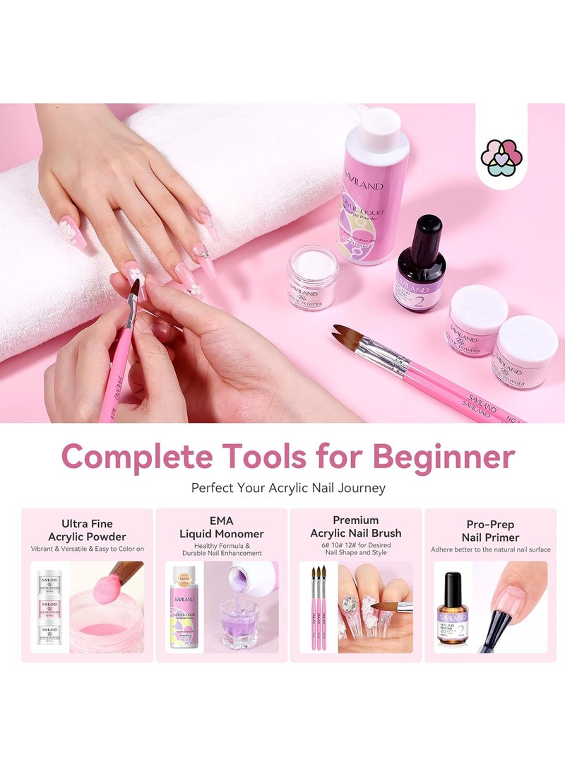 Saviland Acrylic Nail Kit for Beginners: Keratin Acrylic Powder Castor Oil Vitamin E Gel Nail Polish Primer 180W Nail Lamp Nail Drill Full Tools Everything Home Starters