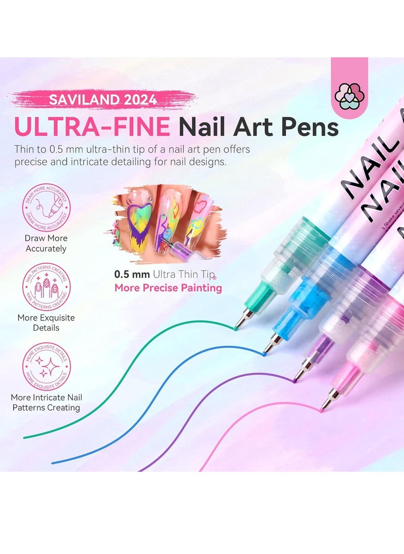 SAVILAND Nail Art Pens Set: 12 Colors 0.5MM 3D Nail Polish Pens Quick Drying Acrylic Paint Nail Art Markers Nail Point Graffiti Dotting Tools Drawing Painting Liner Nail Art Design Pens Home DIY