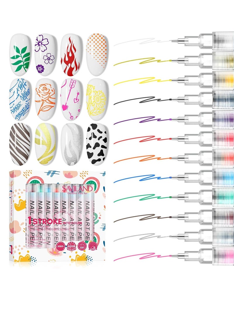 SAVILAND Nail Art Pens Set: 12 Colors 0.5MM 3D Nail Polish Pens Quick Drying Acrylic Paint Nail Art Markers Nail Point Graffiti Dotting Tools Drawing Painting Liner Nail Art Design Pens Home DIY