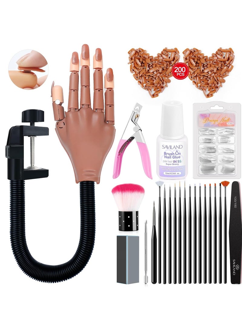 Saviland Practice Hand for Acrylic Nails, Flexible Moveable Fake Hands, Manicure Trainng Hand Nail Kit for Beginners, Movable Nail Maniquin Hand with 200PCS Nail Tips, Nail Glues, Brush and Clipper