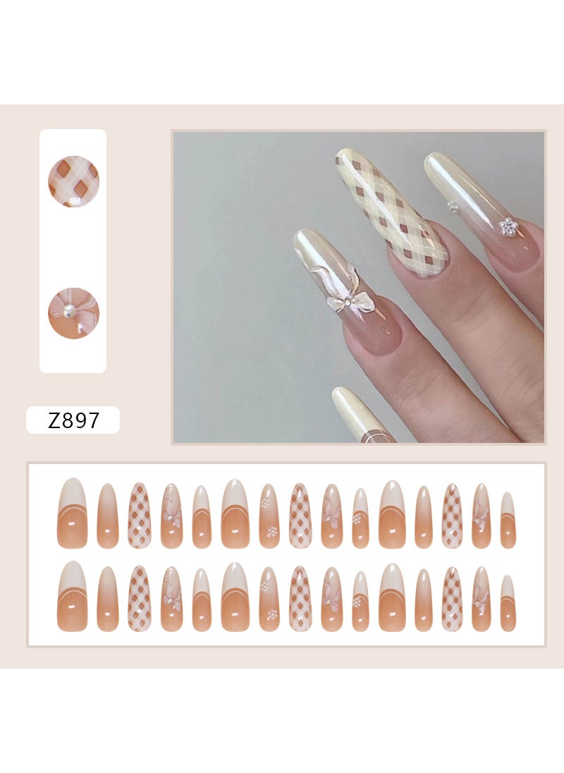 Spring and Summer Nail Art Patch Plaid Bow Detachable Nail Pearl Flower Dressing Three-dimensional Manicure Pieces Z897 plaid bow [glue style]