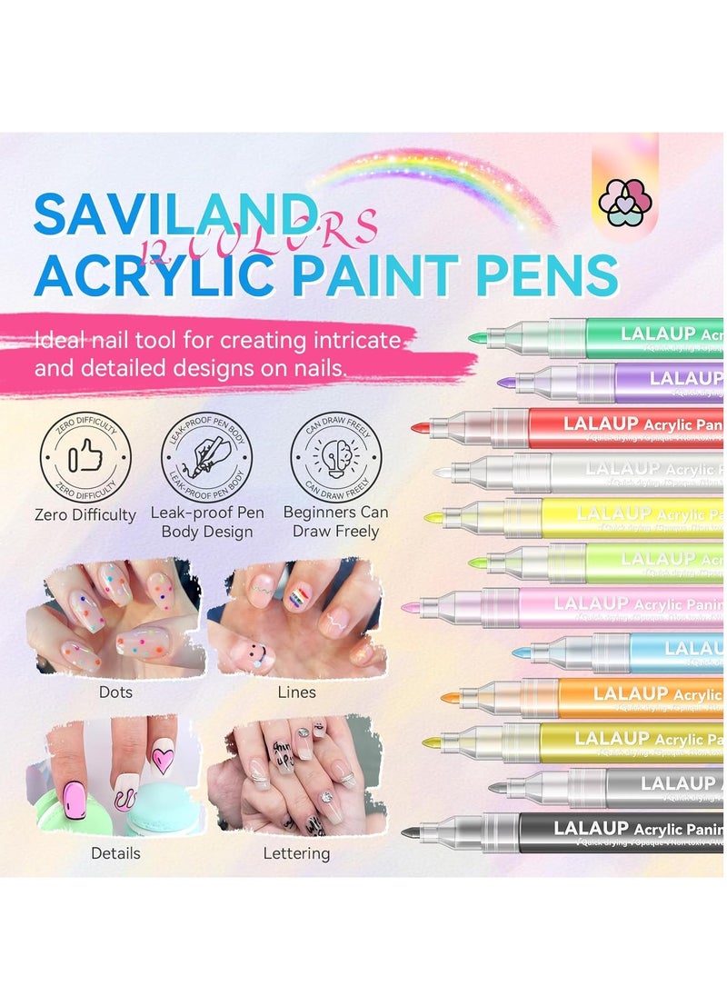 Saviland 12 Colors Nail Art Pens Set - 3D Nail Polish Pens Graffiti Nail Dotting Tools Acrylic Paint Pens Drawing Painting Point Liner Pen for Nails Art Design Manicure Nail Pens for Home & Salon DIY