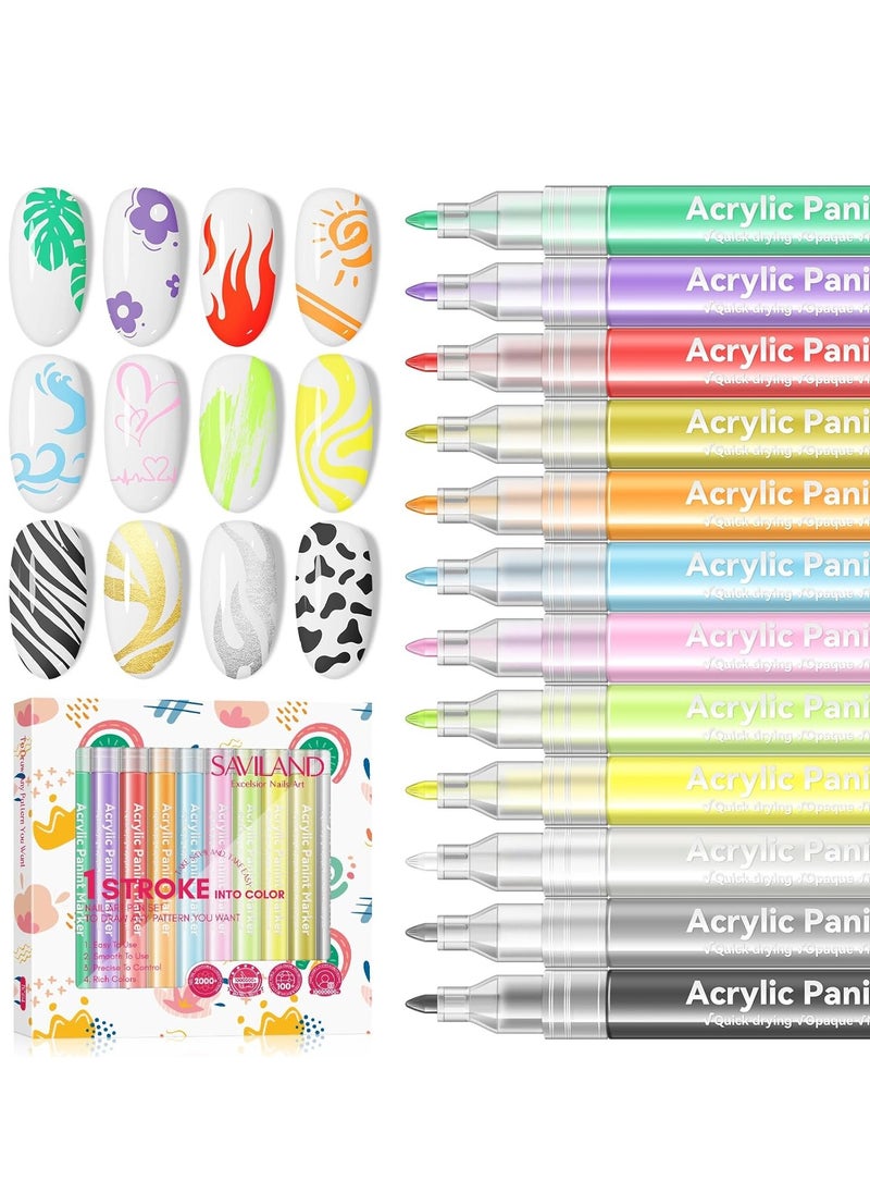 Saviland 12 Colors Nail Art Pens Set - 3D Nail Polish Pens Graffiti Nail Dotting Tools Acrylic Paint Pens Drawing Painting Point Liner Pen for Nails Art Design Manicure Nail Pens for Home & Salon DIY