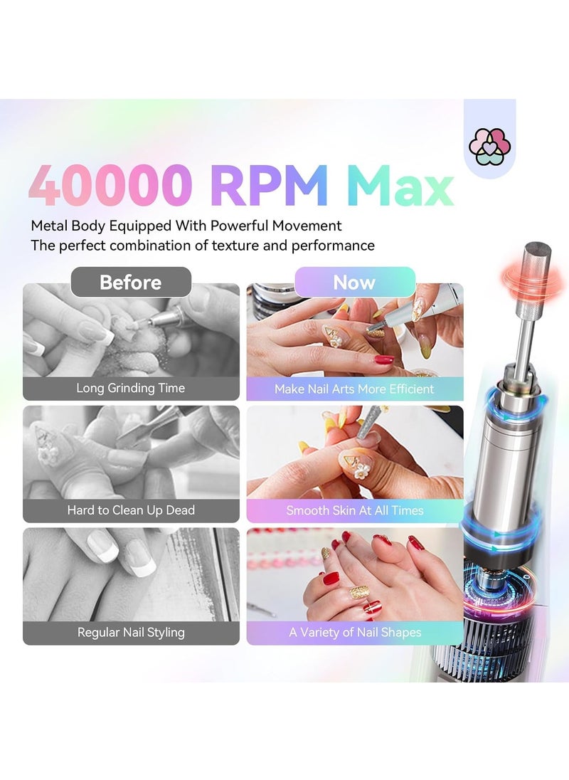 SAVILAND Nail Drill for Acrylic Nails Professional: 40000RPM Nail Drill 6000mAhm High Capacity Rechargeable Electric Nail File 13 Drill Bits for Nails Manicure Pedicure E File Sky Realm