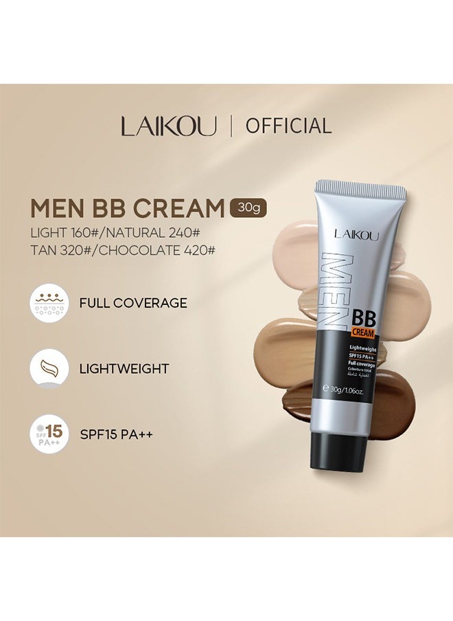 Men BB Cream SPF 15 PA++, Full-Coverage Foundation & Concealer, Mens Face Moisturizer Cream Evens Skin Tone, Oil Control and Cover Flaws, Natural Finish for All Skin Types (Light 160)