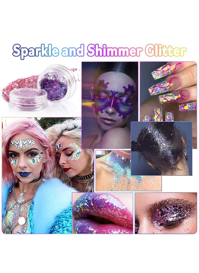 Laza Body Glitter, 2 Jars Iridescent Chunky Sequins with Glitter Glue Perfect for Women Eyeshadow Makeup Face Paint Festival Rave Outfits Hair Accessories Carnival Party Costumes - Colorful Purple