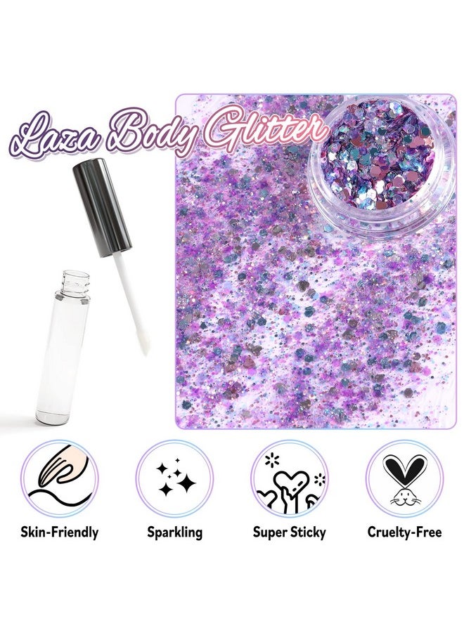 Laza Body Glitter, 2 Jars Iridescent Chunky Sequins with Glitter Glue Perfect for Women Eyeshadow Makeup Face Paint Festival Rave Outfits Hair Accessories Carnival Party Costumes - Colorful Purple