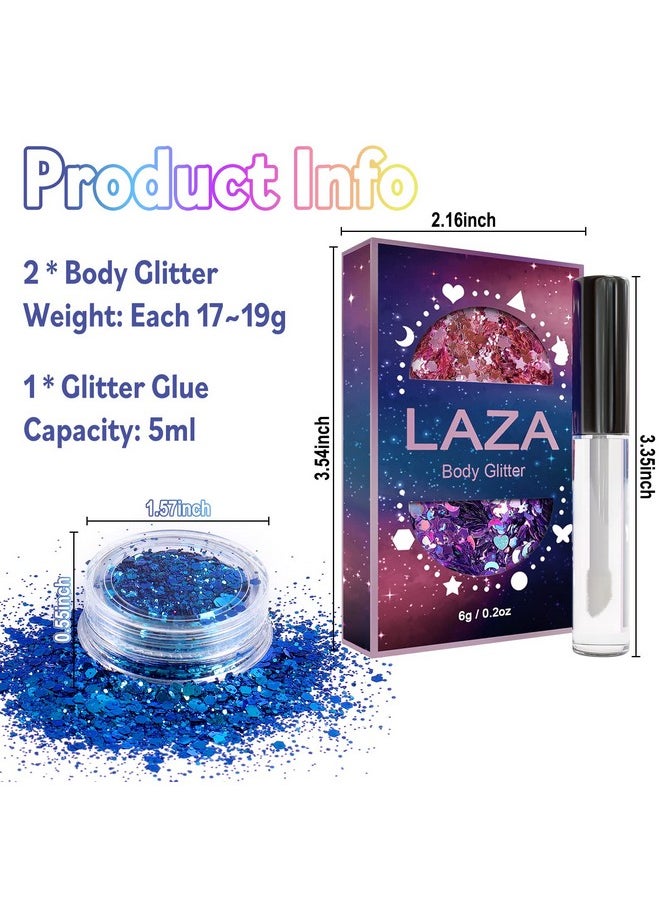 Laza Body Glitter, 2 Jars Iridescent Chunky Sequins with Glitter Glue Perfect for Women Eyeshadow Makeup Face Paint Festival Rave Outfits Hair Accessories Carnival Party Costumes - Colorful Purple