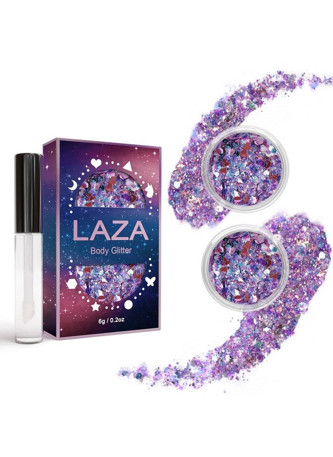 Laza Body Glitter, 2 Jars Iridescent Chunky Sequins with Glitter Glue Perfect for Women Eyeshadow Makeup Face Paint Festival Rave Outfits Hair Accessories Carnival Party Costumes - Colorful Purple