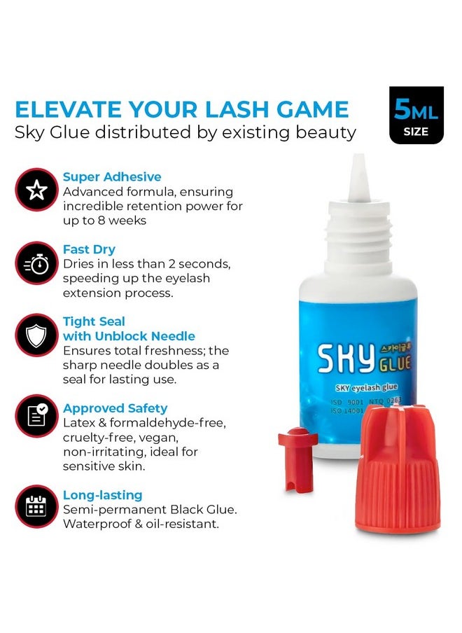 Sky Glue S+ Eyelash Extension Glue - Extra Strong Lash Extensions Adhesive Bond with 6-7 Weeks Retention and 1-2 Sec Dry Time, Long Lasting Semi Permanent Black Glue - 5 ml