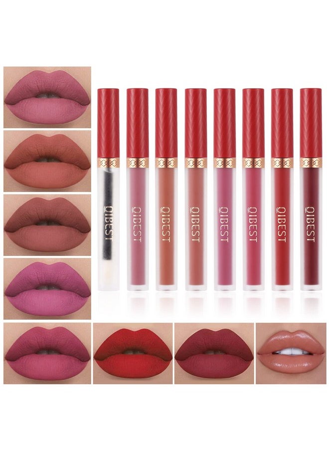 QiBest 8pcs Matte Liquid Lipstick with Lip Plumper Makeup Set Velvety Long Lasting High Pigmented Nude Waterproof Lip Gloss Kit Girls Women Make Up Gift Set