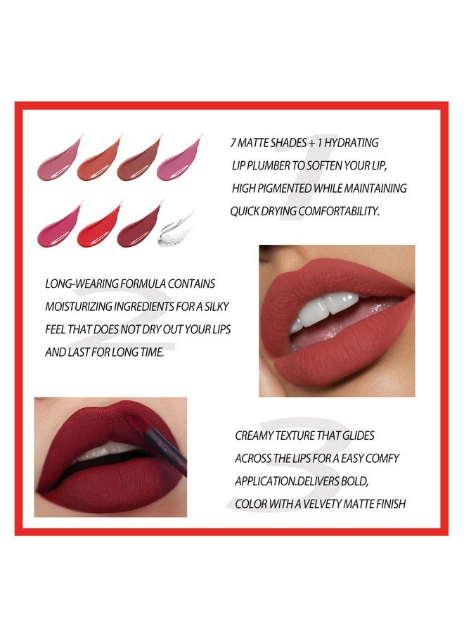 QiBest 8pcs Matte Liquid Lipstick with Lip Plumper Makeup Set Velvety Long Lasting High Pigmented Nude Waterproof Lip Gloss Kit Girls Women Make Up Gift Set