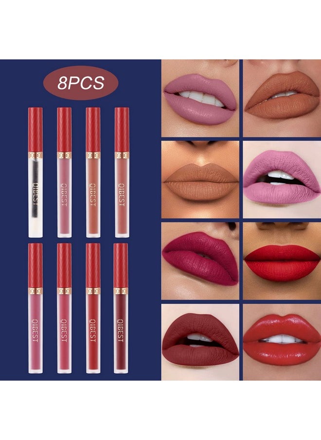 QiBest 8pcs Matte Liquid Lipstick with Lip Plumper Makeup Set Velvety Long Lasting High Pigmented Nude Waterproof Lip Gloss Kit Girls Women Make Up Gift Set