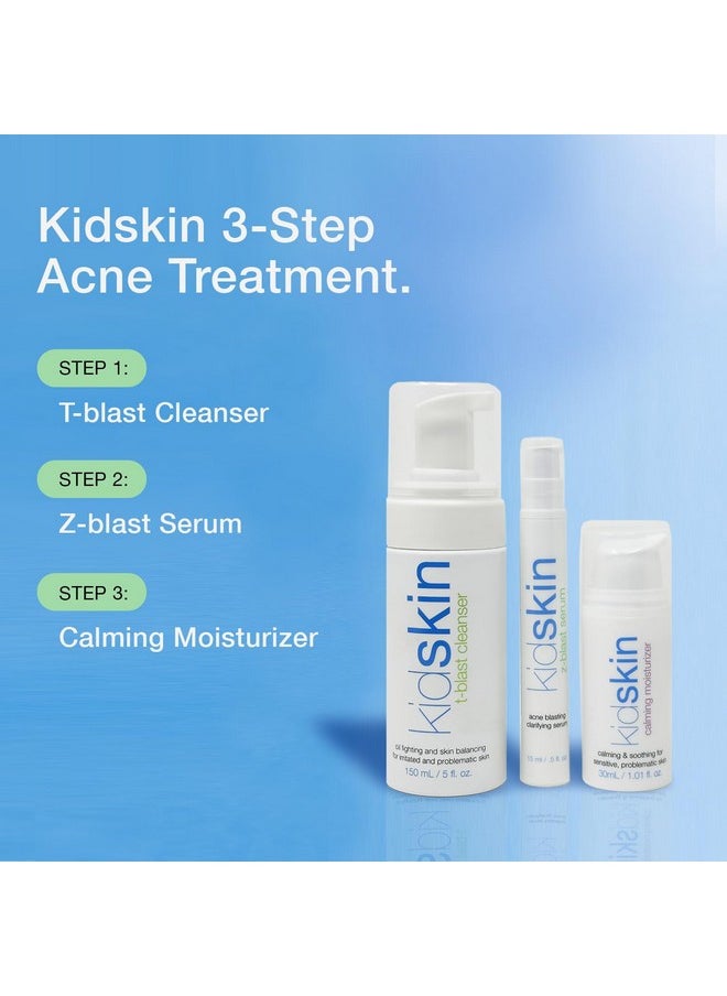 Kidskin 3-Step Acne Kit for Teens - Skincare Set Includes T-Blast Face Wash, Z-Blast Acne Serum, and Calming Face Moisturizer for Oily Skin- Complete Skin Care Set for Teen Girls, Boys & Kids