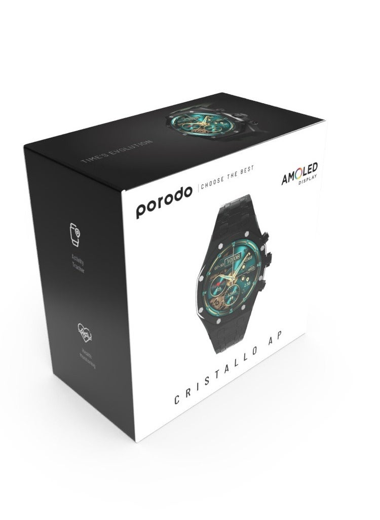 Porodo Cristallo AP Smart Watch , Activity Tracker, Health Monitoring, Bluetooth Calling, 7 Days Battery Life, AMOLED Display - Black