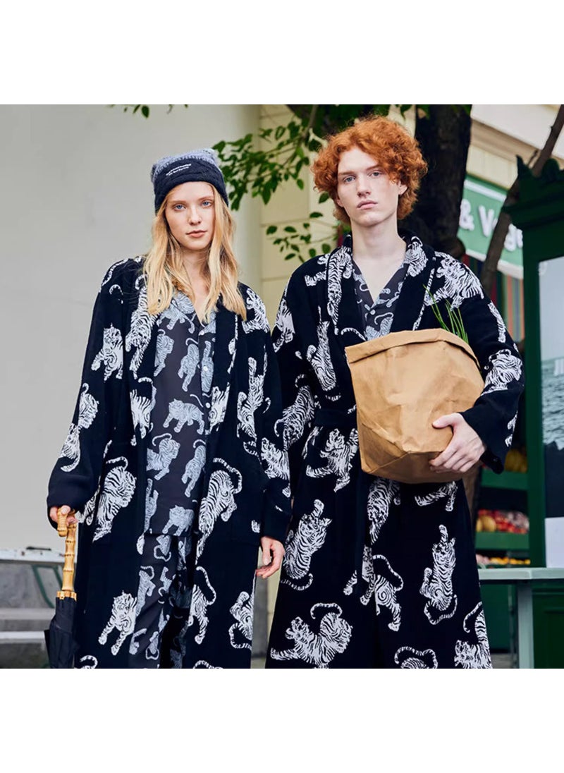 Light Luxury Nightgown for Women and Men Autumn and Winter French Half-side Velvet Woven Pajamas suit Thickened Warm Outer Wearing Home Clothes Black suit