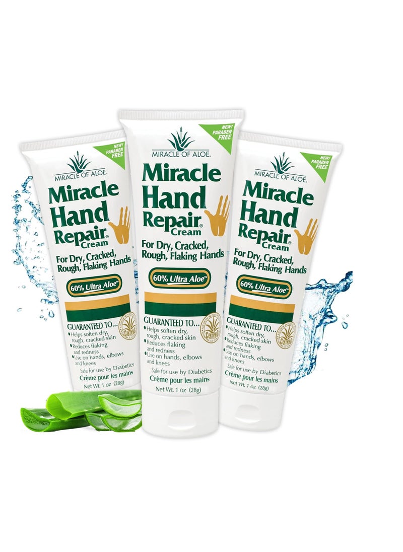 Miracle of Aloe Miracle Hand Repair Cream 1 oz Healing Aloe Vera Lotion for Dry, Cracked Hands with 60% Ultra Aloe Gel - Moisturizes, Softens, and Repairs - Non-Greasy (3-Pack)