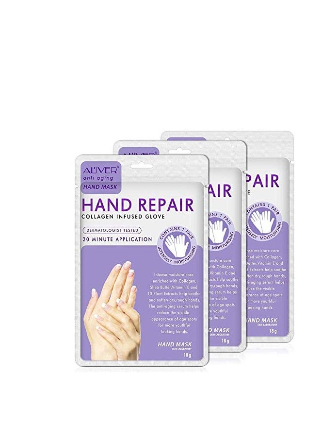 Hand Mask Moisturising 3 Packs, Exfoliating Hand Mask and Natural Therapy Collagen Deep Infused Moisturizing Gloves Repairing Damaged, Dry and Cracked Skin for Women or Men（Lavender)