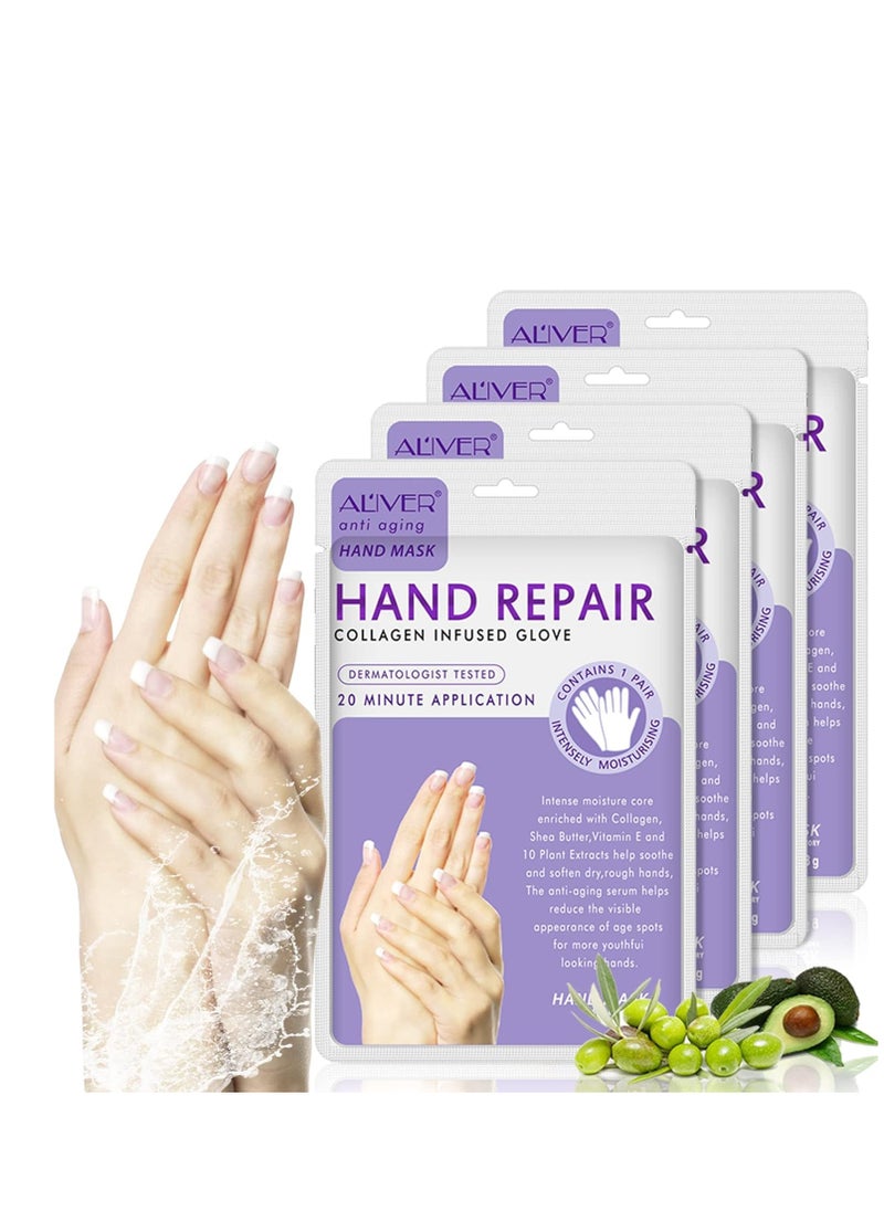 AIQIUSHA 4 Pack Hands Moisturizing Gloves, Hand Spa Mask Infused Collagen, Serum + Vitamins + Natural Plant Extracts for Dry, Cracked Hands, Moisturizer Hands Mask, Repair Rough Skin for Women&Men