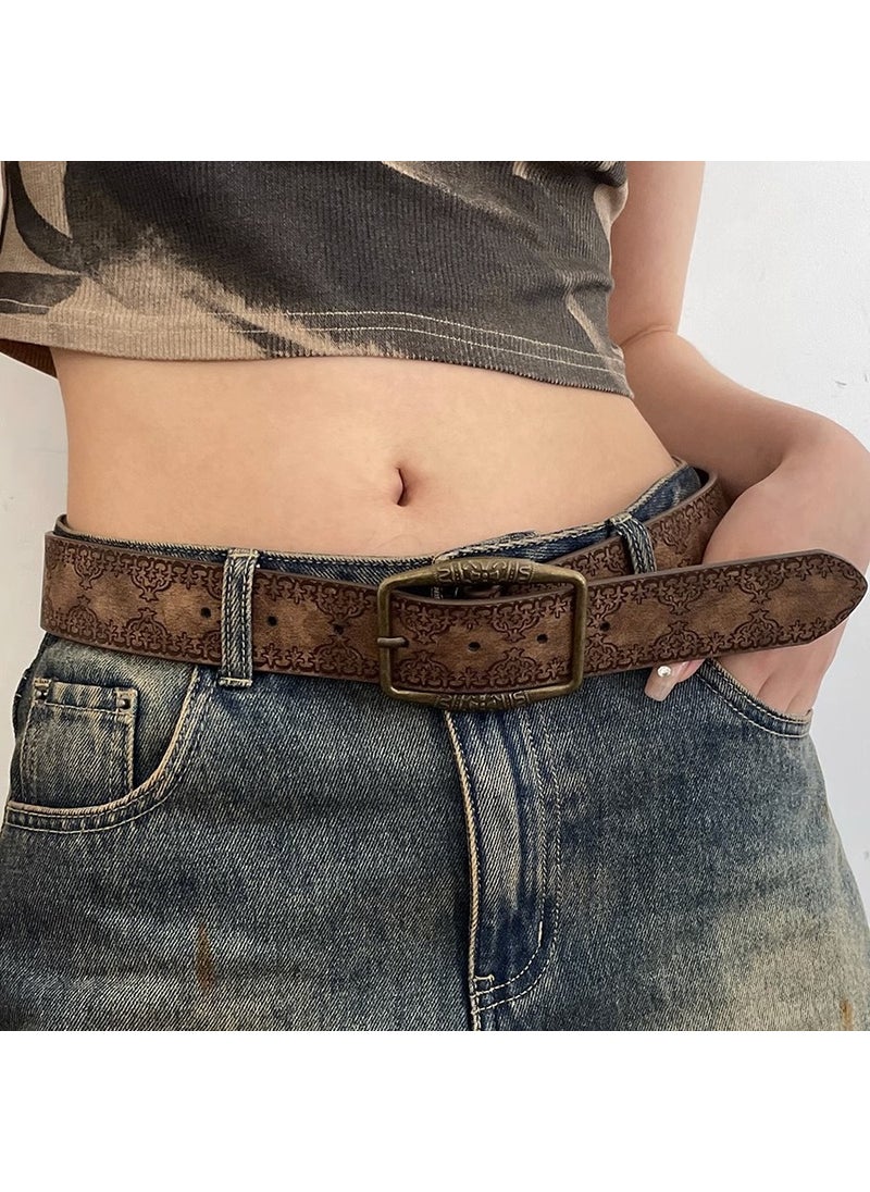 Vintage Embossed Leather Belt Y2K Summer Waist Accessory Black