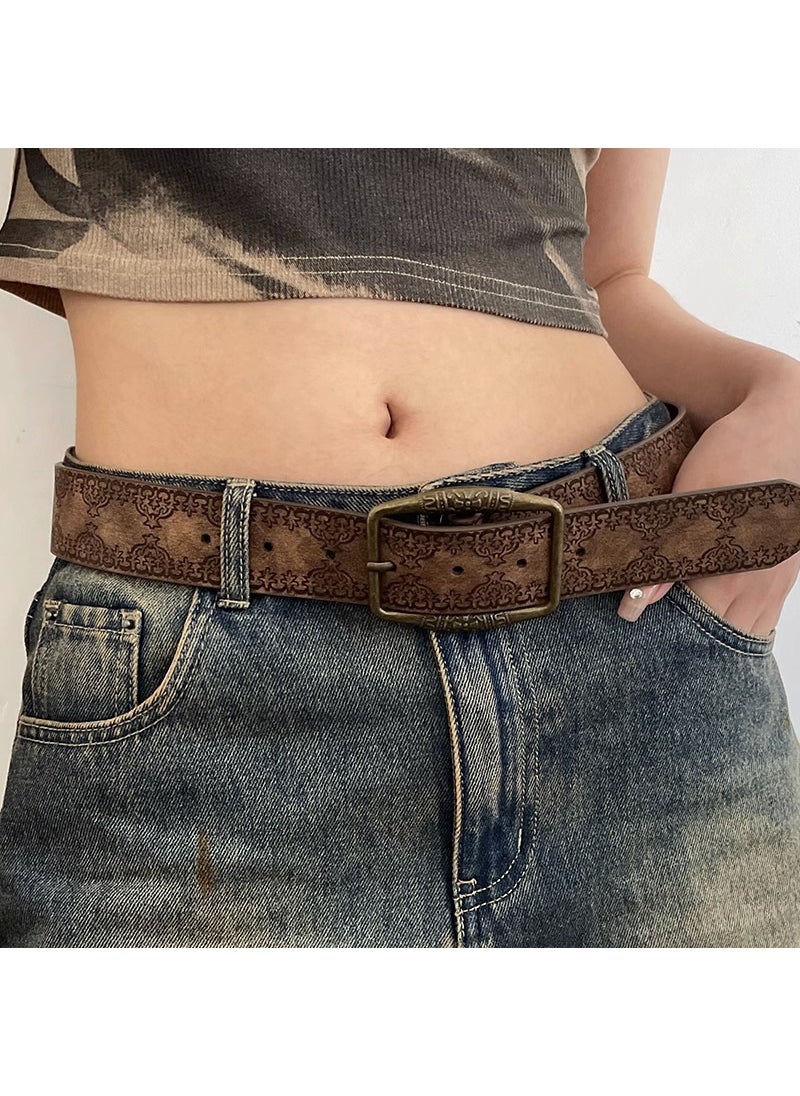 Vintage Embossed Leather Belt Y2K Summer Waist Accessory Black