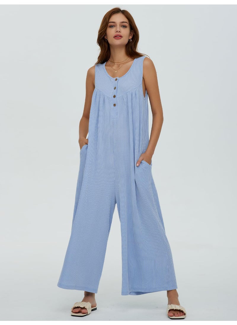 2024 Autumn Winter Fresh Casual Womens Jumpsuit with Pockets Blue