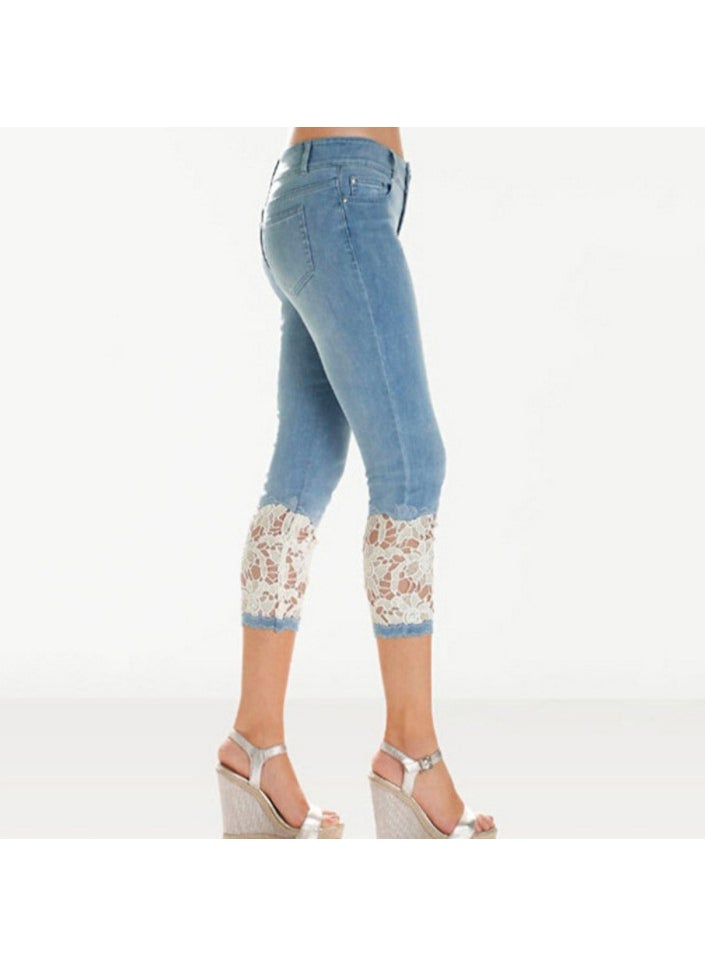 Lace Hem Stretch Skinny Jeans Women Blue