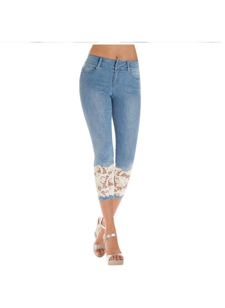 Lace Hem Stretch Skinny Jeans Women Blue