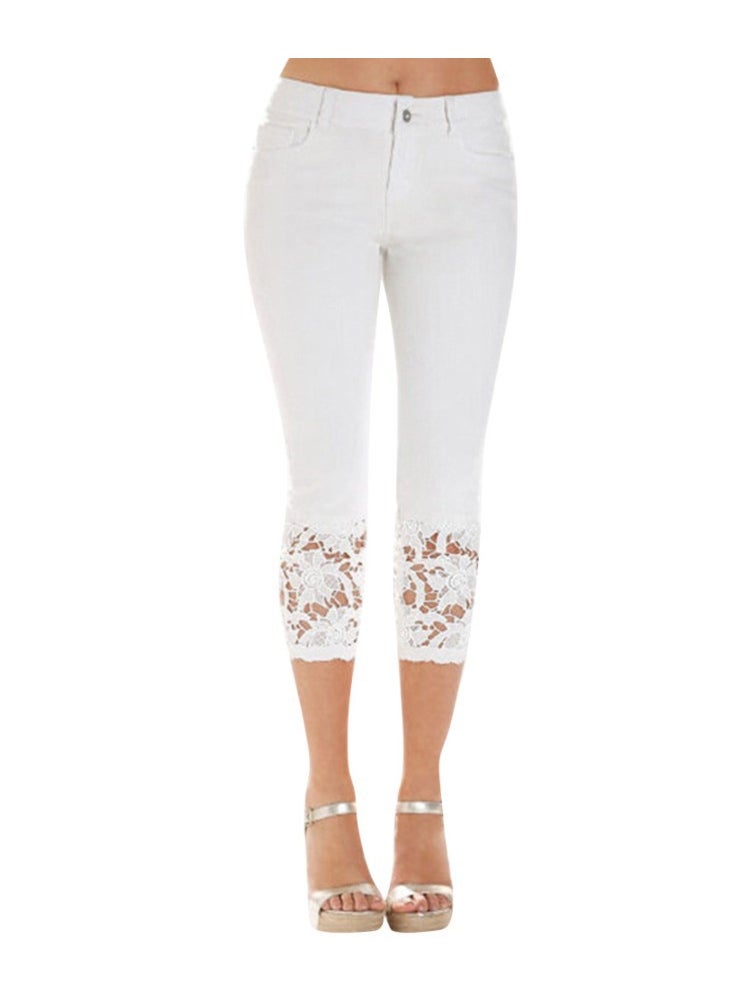 Lace Hem Stretch Skinny Jeans Women Blue