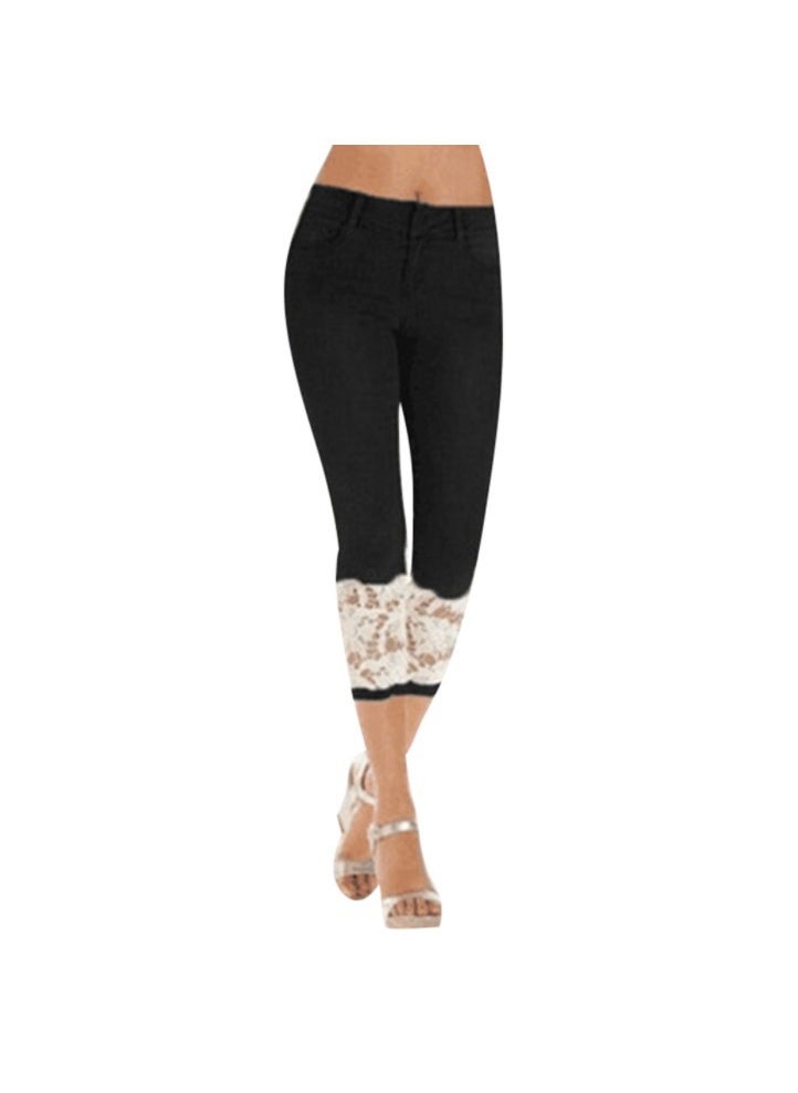 Lace Hem Stretch Skinny Jeans Women Black