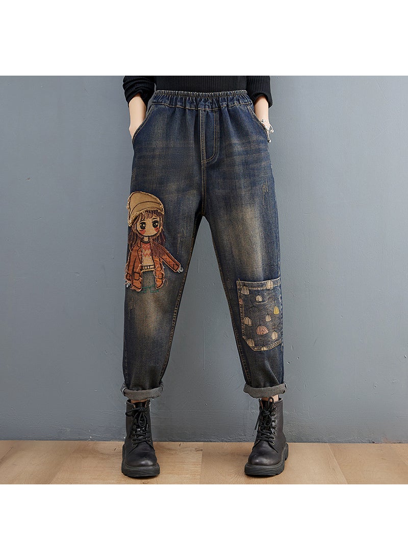 Elastic Waist Ripped Jeans Cartoon Embroidery High Waist Slimming Dark Blue