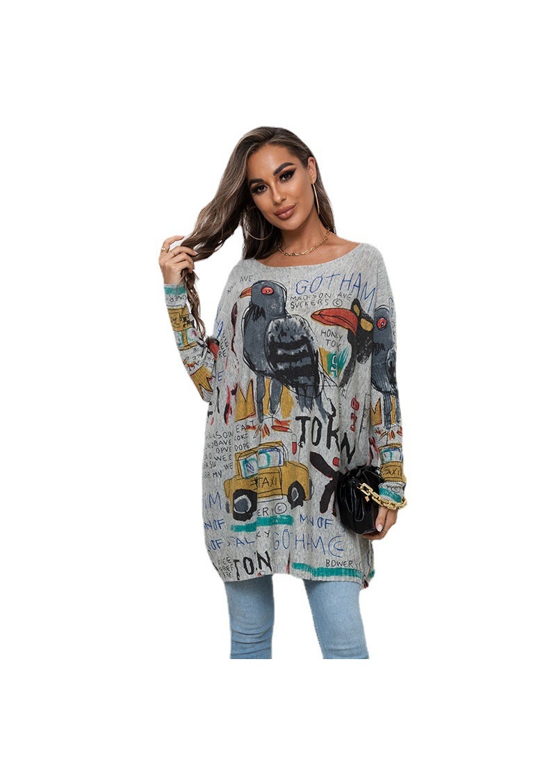 2023 New European and American Large Size Cartoon Printed Sweater Long-sleeved Womens Casual Pullover Loose Sweater Top Cross-Border White