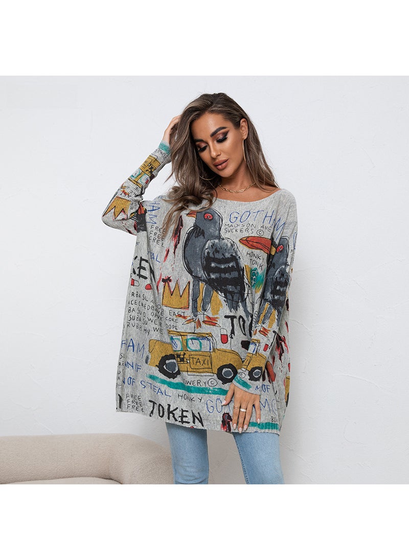 2023 New European and American Large Size Cartoon Printed Sweater Long-sleeved Womens Casual Pullover Loose Sweater Top Cross-Border White