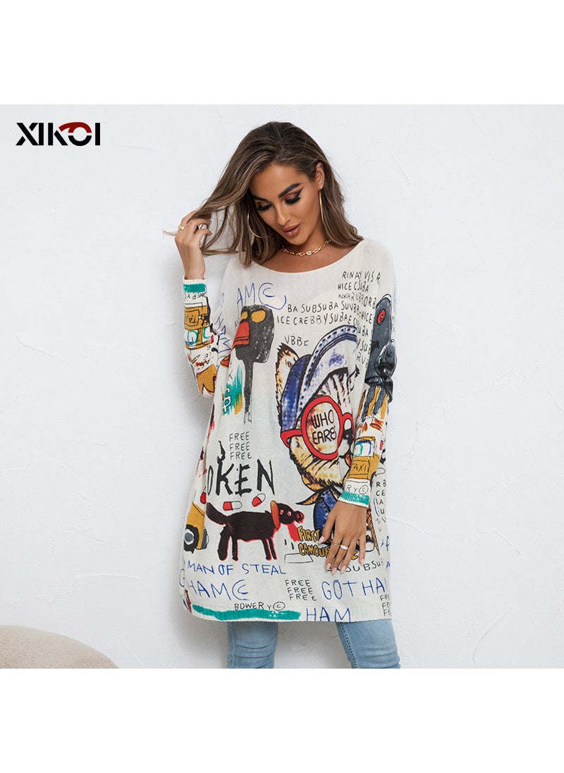 2023 New European and American Large Size Cartoon Printed Sweater Long-sleeved Womens Casual Pullover Loose Sweater Top Cross-Border White